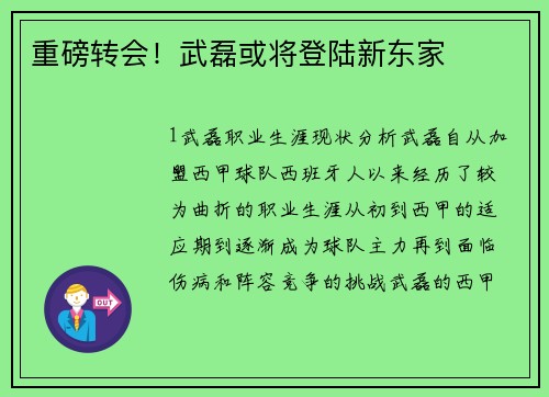 重磅转会！武磊或将登陆新东家